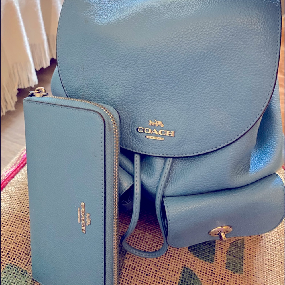 Sky Blue Coach Billie backpack purse and wallet